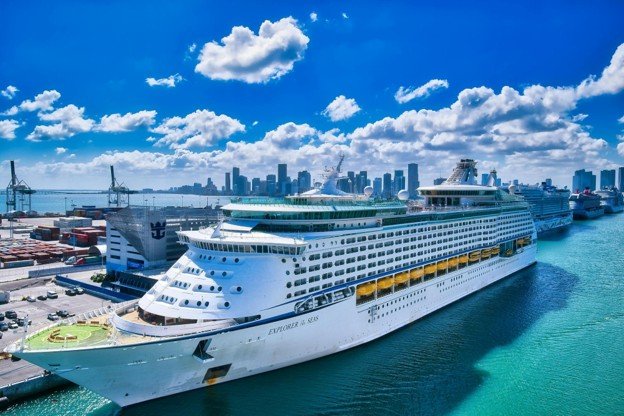 Royal Caribbean cruise ship docked at PortMiami with the Miami skyline